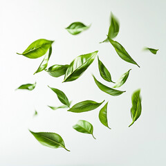 Fresh green tea leaves falling and floating in air green leaves falling leaves