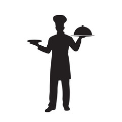 Silhouette of a chef in uniform holding two platters of food isolated on white background silhouette