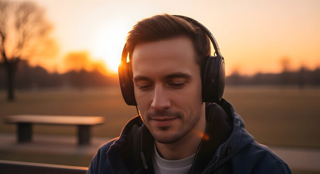 Young man wearing headphones enjoying outdoor sunset scene with serene expression in a park during late evening with warm golden light and peaceful atmosphere