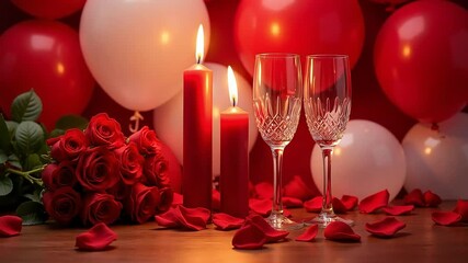 Romantic candlelight dinner scene with roses, champagne glasses, and balloons for special occasions - Powered by Adobe