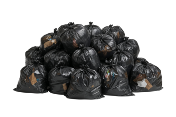 Pile of black garbage bags, trash or waste, for refuse disposal and recycling, environmental issue, pollution.