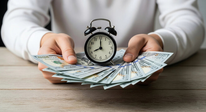 Close-up of a person holding US dollar bills with a classic alarm clock in the center, symbolizing time and money. Ideal for finance, savings, investment, and business-related concepts.
