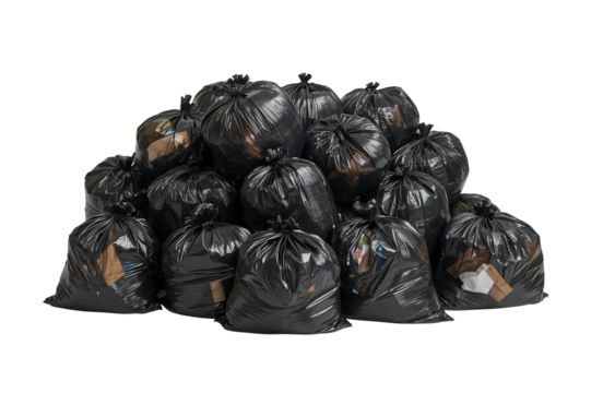 Pile of black garbage bags, trash or waste, for refuse disposal and recycling, environmental issue, pollution.