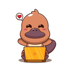 Cute platypus  with laptop cartoon vector illustration