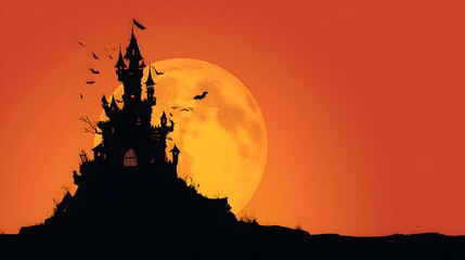 Silhouette of a gothic castle at night under a full moon.