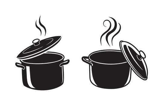 Two steaming cooking pots with open lids in a black silhouette isolated on white background
