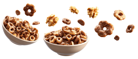 Cereal with donut-shaped pieces in a bowl, in motion