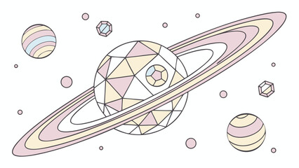 Illustration of a planet with rings and a geometric design surrounded by other planets and gems © Amirdogar