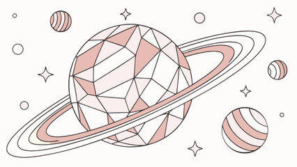 Aesthetic illustration of a planet with rings and geometric facets surrounded by stars and smaller planets © Amirdogar
