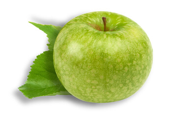 granny smith apple with leaves, isolated on black