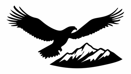 Silhouette of an eagle flying with its wings spread above a mountain peak in black and white style