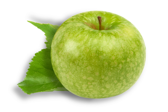 granny smith apple with leaves, isolated on black