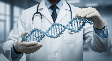 Doctor holding a dna molecule in his hands for medical research study