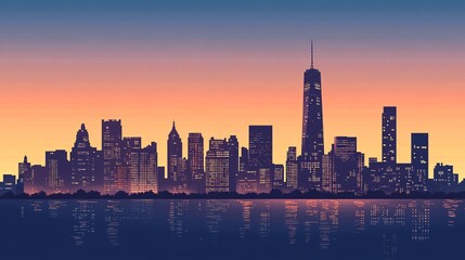 Obraz premium City Skyline at Sunset with Water Reflection