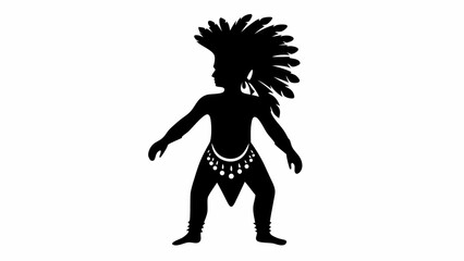 Silhouette of native american man with feathered headdress and traditional attire standing on white background
