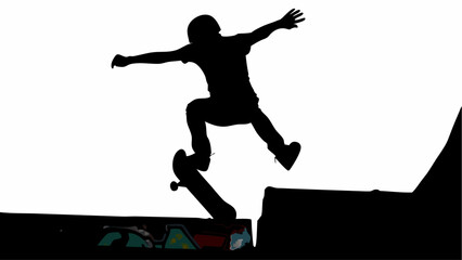 Silhouette of a skateboarder performing a trick on a ramp with arms outstretched for balance and control
