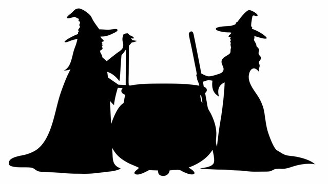 Two witches in silhouette stirring a cauldron with sticks preparing a halloween potion together