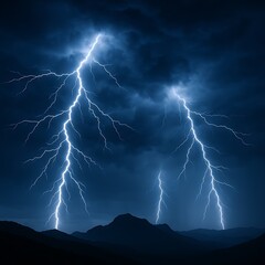 Dramatic Lightning Storm Over Dark Mountains, Night Sky Power