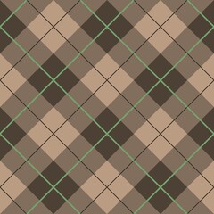 A geometric pattern features a checkerboard design with shades of brown and beige, intersected by diagonal green lines. The symmetrical arrangement creates a plaid-like effect across the surface.