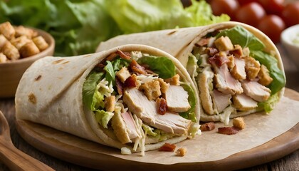 chicken caesar salad wrap with bacon and croutons in it