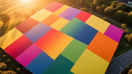 Aerial View of a Colorful Geometric Pattern on a Field at Sunset
