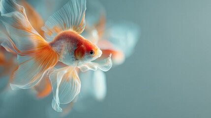 Elegant goldfish with flowing, delicate fins resembling flower petals, captured in a soft pastel background. The image showcases gentle motion, smooth texture, and a calming aquatic atmosphere,  