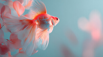 Elegant goldfish with flowing, delicate fins resembling flower petals, captured in a soft pastel background. The image showcases gentle motion, smooth texture, and a calming aquatic atmosphere,  