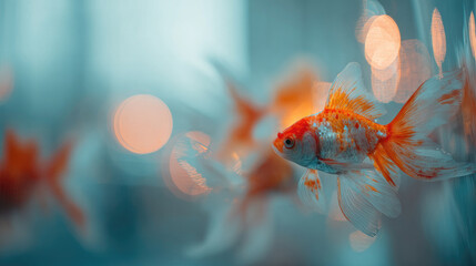 Elegant goldfish with flowing, delicate fins resembling flower petals, captured in a soft pastel background. The image showcases gentle motion, smooth texture, and a calming aquatic atmosphere,  