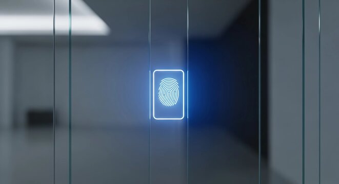 Biometric digital security system with futuristic holographic fingerprint scanner for secure access authentication technology