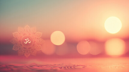 background with a delicate mandala design and the Om symbol, yoga-inspired artwork features romantic sunset tone, perfect for wellness studios, meditation spaces, and mindful lifestyle designs.