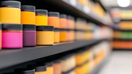 Colorful paint pots lined up on shelves in an art supply store