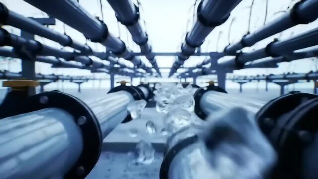 Water pipeline network, many pipes, flowing water, industrial setting