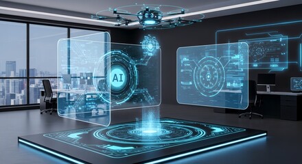 High-tech control room with multiple holographic AI dashboards and smart virtual interfaces, showcasing artificial intelligence monitoring and futuristic data visualization.