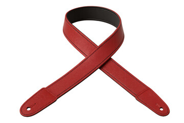 Red leather guitar strap with black inner lining, crossed and isolated on transparent background