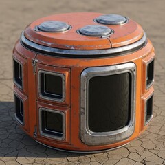 Futuristic orange sci fi drone or robot component with metal accents