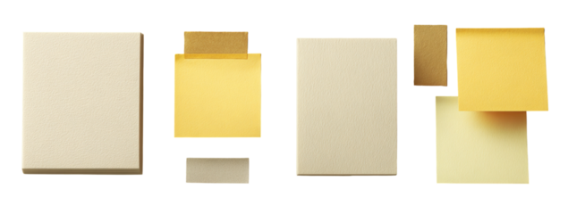 Four rectangular shapes, light beige/cream and pale yellow sticky notes