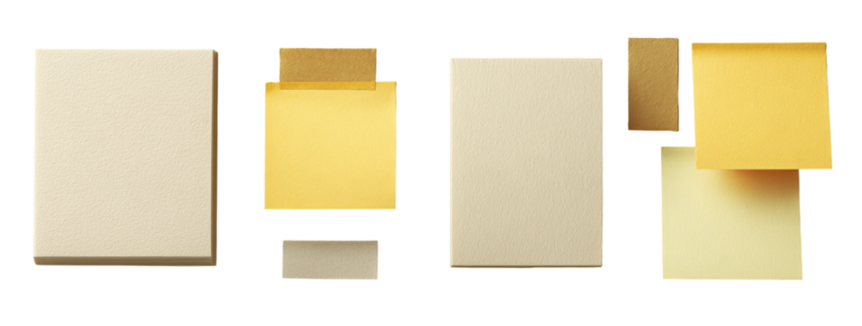 Four rectangular shapes, light beige/cream and pale yellow sticky notes