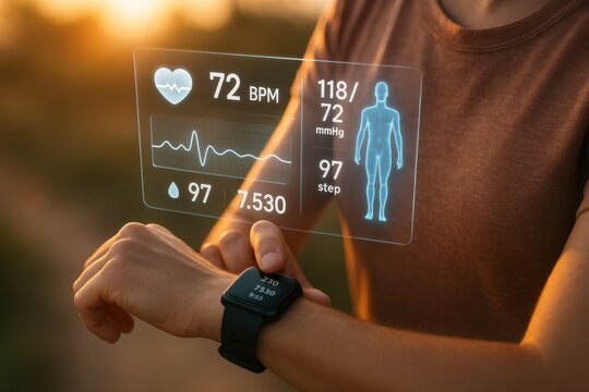 Fitness Tracker Technology: A person checking their wrist-mounted device displaying real-time health metrics, highlighting the integration of technology in maintaining health.