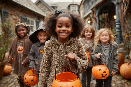Group of smiling African-American kids trick or treating outdoors and walking to camera holding pails
