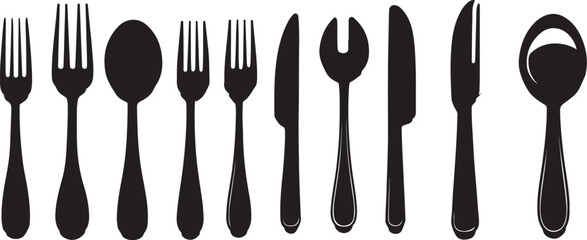 Black Silhouette Cutlery Set: Forks, Spoons, Knives, and Salad Fork