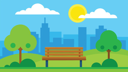 Fototapeta premium Sunny park bench with trees and city skyline background