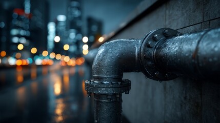 Fototapeta premium Wet metal pipe with water droplets, set against a blurred cityscape at night with glowing lights.