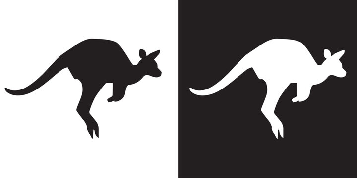 Black kangaroo animal silhouette on white background and white on black background, simplified kangaroo figure for stencil or print art, flat illustration vector image of animal in black and white.