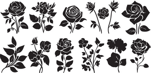 Black Rose Silhouettes Vector Set: Floral Design Elements, Art, Clip Art