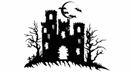 Silhouette of a spooky castle with bare trees, tombstones, bats and a moon in a halloween themed image