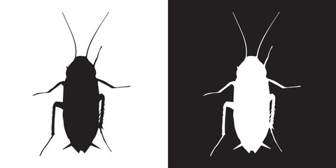 Black cockroach animal silhouette on white background and white on black background, simplified cockroach figure for stencil or print art, flat illustration vector image of animal in black and white.