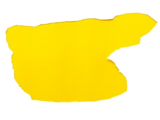 Obraz premium Torn hole on white paper on smooth yellow background. Sheet of white torn paper with blank space for text. Torn ripped recycle for advertising content promotion and advertising design.