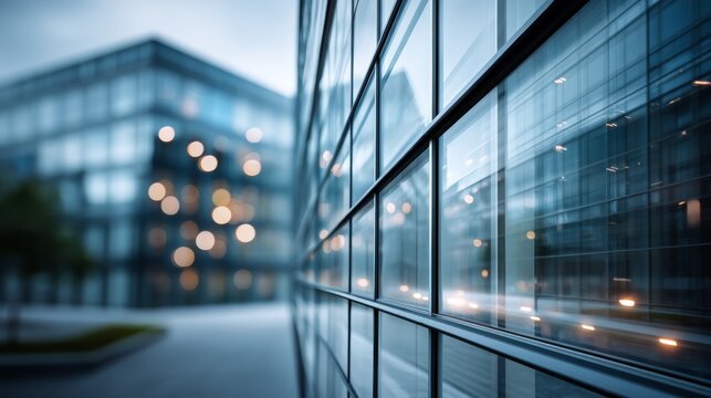Modern glass office buildings with reflective windows and evening lights in an urban business district.
