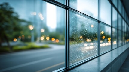 Raindrops on a modern glass window overlook a city street with blurred lights and urban buildings in the background.