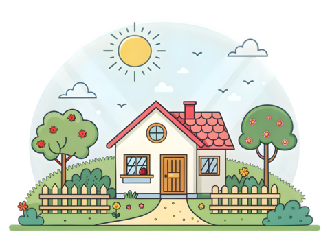 Charming cartoon house with sunny garden and trees - Powered by Adobe